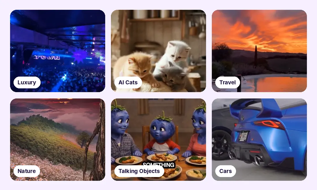Ready-made AI video categories: luxury, AI cats, travel, nature, talking objects and cars