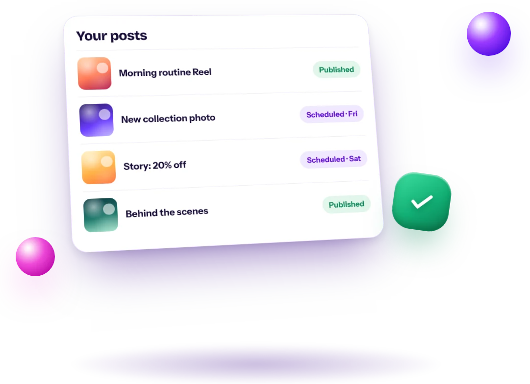 Lista de publicaciones de Instagram con estados Publicada y Programada
