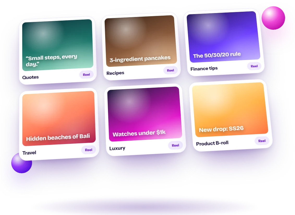 Grid of faceless Reel niches: quotes, recipes, finance tips, travel, luxury and product B-roll