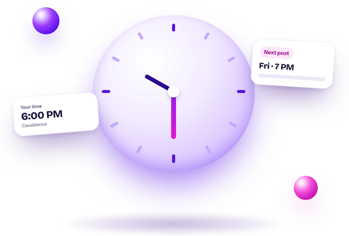 Reloj 3D con la hora de la próxima publicación programada en Instagram